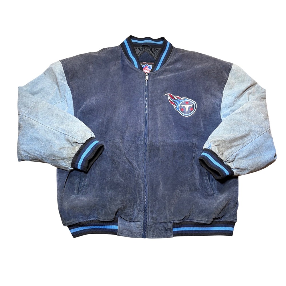 Vintage NFL Game Day Tennessee Titans Suede Leather Bomber Jacket Blue Mens L